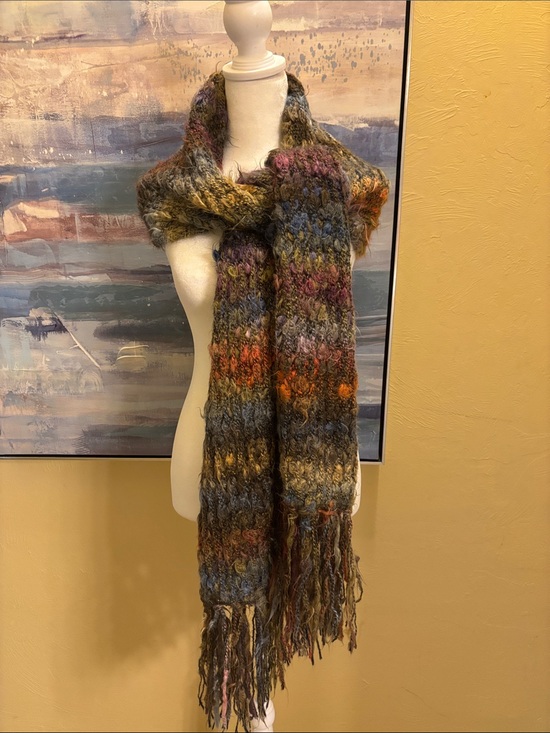Chico's Accessories - Chico's Multicolor Fringe Knit Scarf in Green, Blue & Brown Tones